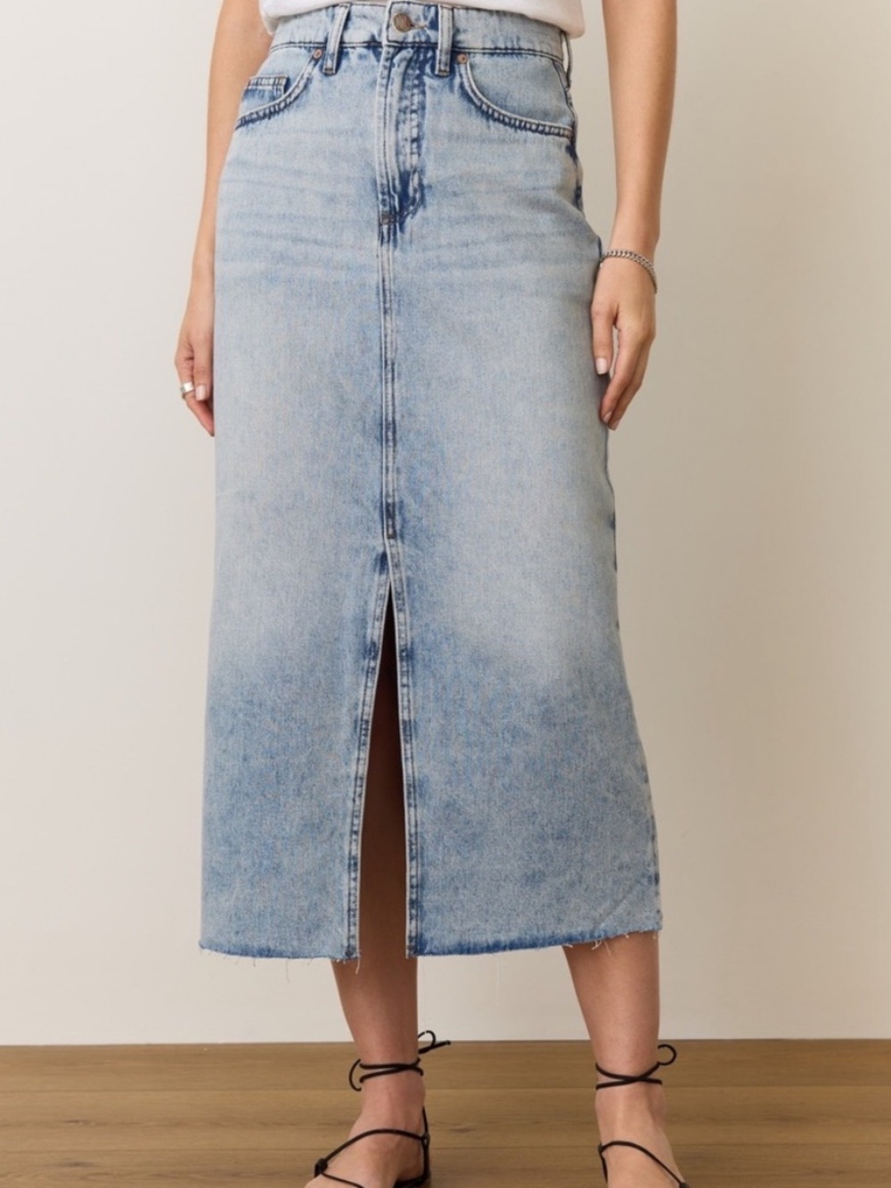 NWT Marine Layer Fawn Medium Wash Indigo-Dyed Denim Raw Hem Midi Skirt SZ 4